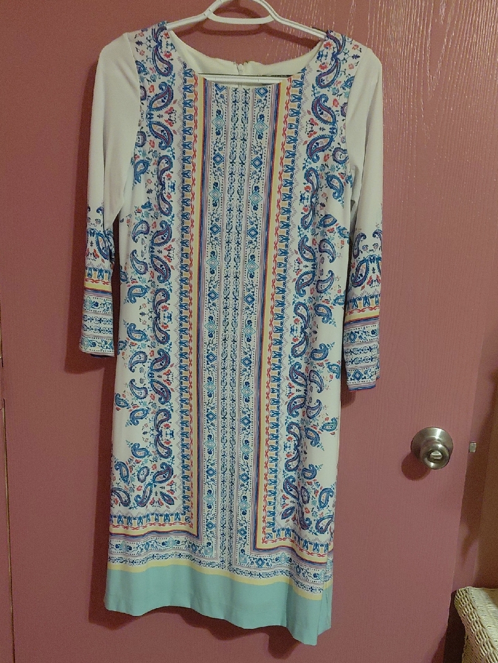Chaps Ivory Midi Dress with Blue Paisley and Aqua Hem